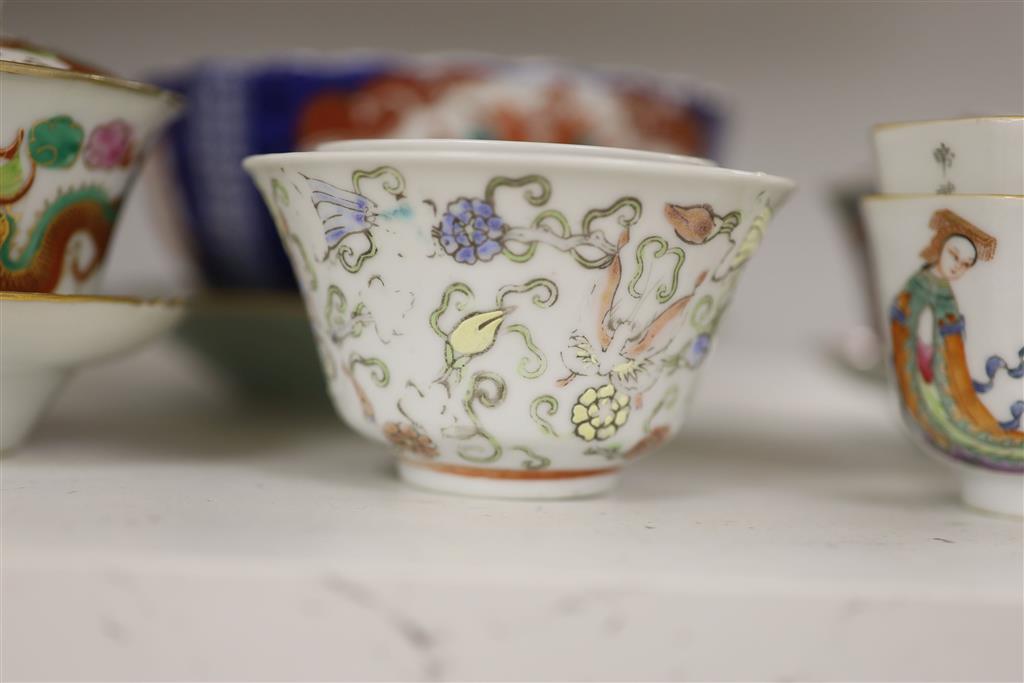 A group of Chinese and Japanese porcelain cups, bowl etc, Chinese dish 19.5cm diameter